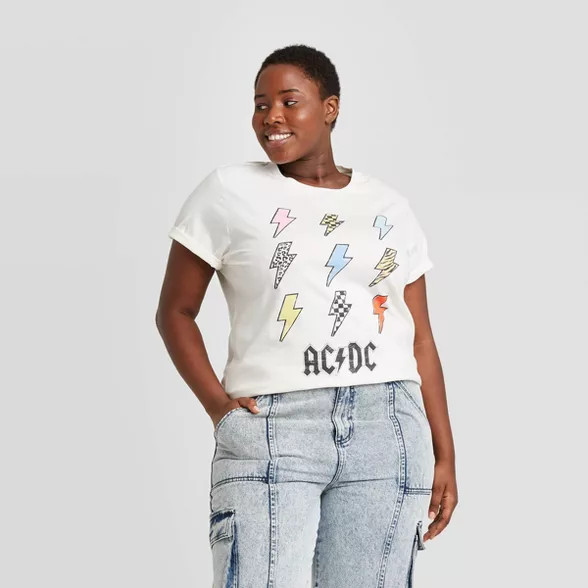 Women's AC/DC Lightning Bolt Boyfriend Short Sleeve Graphic T-Shirt - Cream | Target