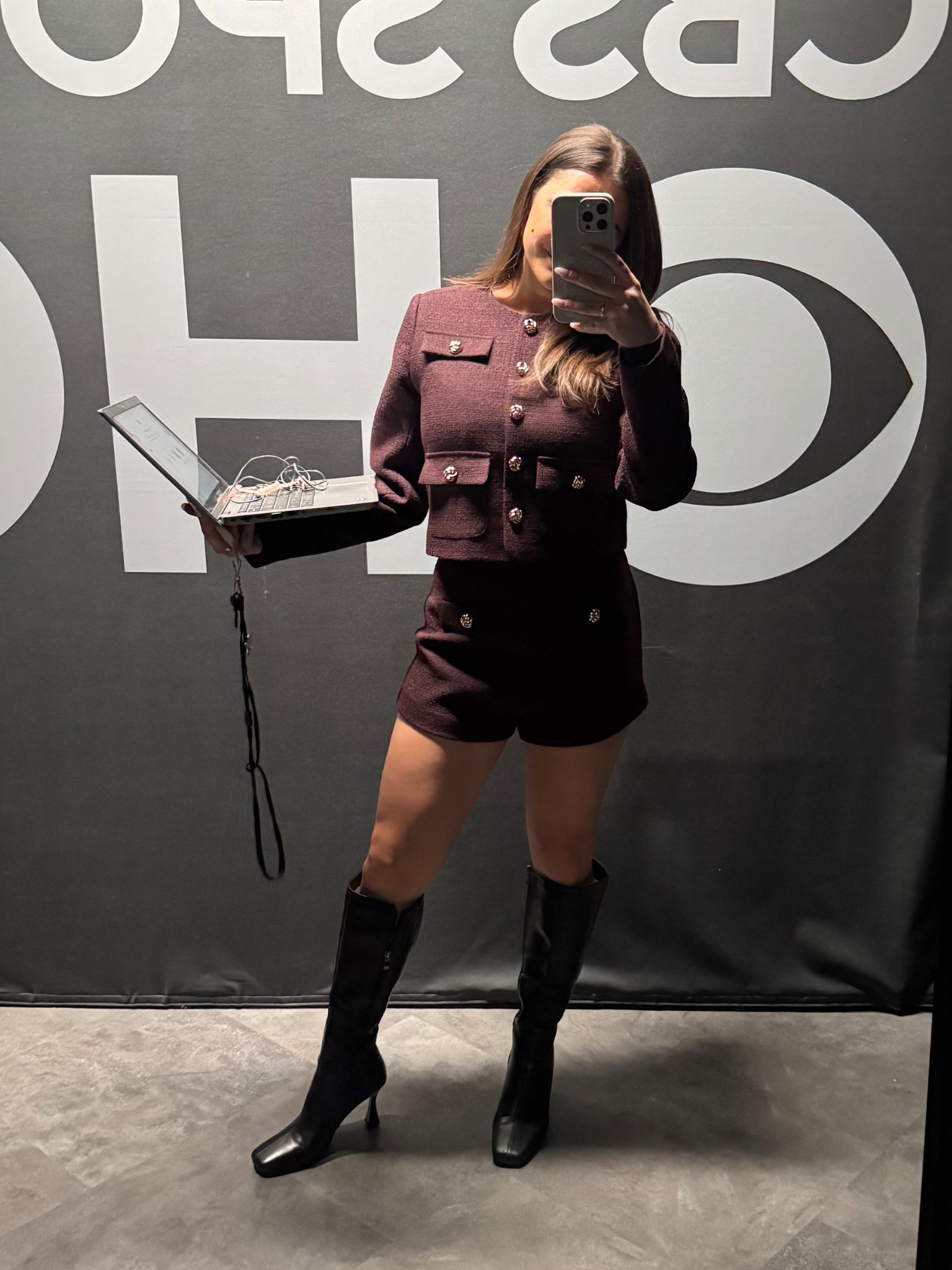 Brown blazer and short set from Fashionpass 
Black leather knee high boots from Amazon 
Amazon gold teardrop earrings 

#LTKWorkwear #LTKSaleAlert #LTKgrwm
