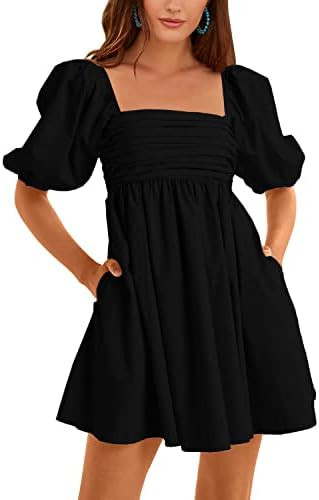 Ebifin Womens Square Neck Dresses Half Puff Sleeve High Waist A-Line Casual Backless Smocked Shor... | Amazon (US)