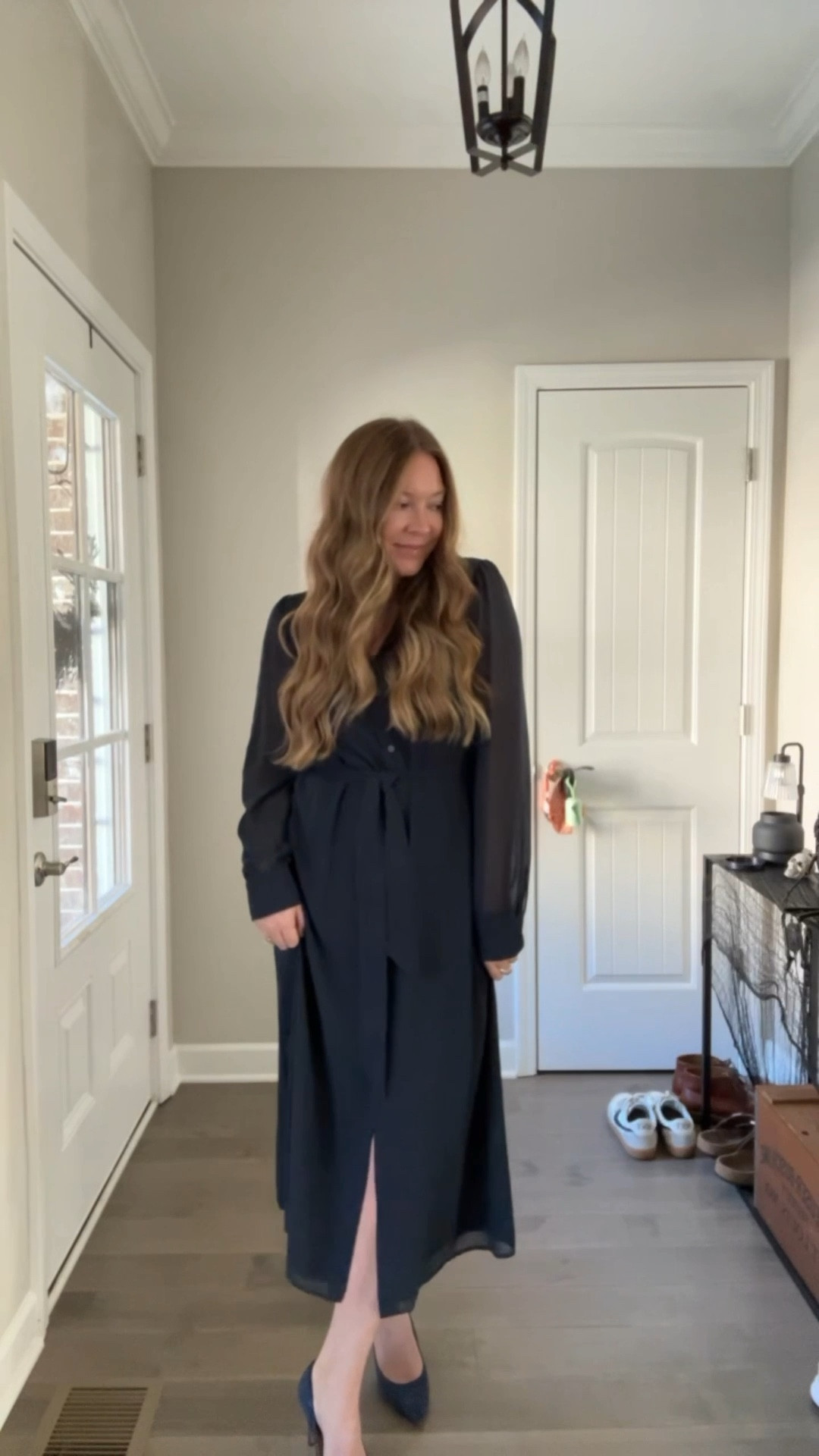 Navy dress / shirt dress / work dress - tts wearing a medium 
Navy suede pumps / tts 
Camel flats / tts 

#LTKSaleAlert #LTKWorkwear #LTKShoeCrush