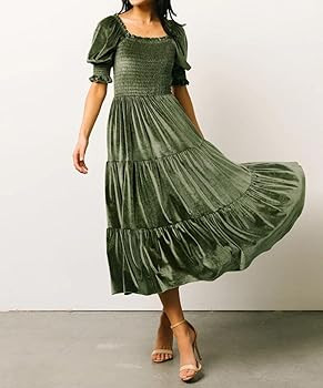 R.Vivimos Womens Fall Winter Velvet Dress Puff Sleeve Square Neck Smocked Tiered Ruffle A-Line Fl... | Amazon (US)