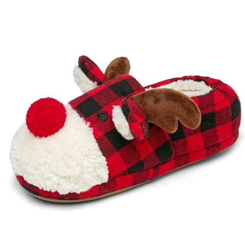 ASHION Women's Christmas Reindeer Slippers Fuzzy Bedroom Slippers Winter Indoor Shoes Red Plaid Non-Slip, 6-6.5 US Red | Amazon (US)