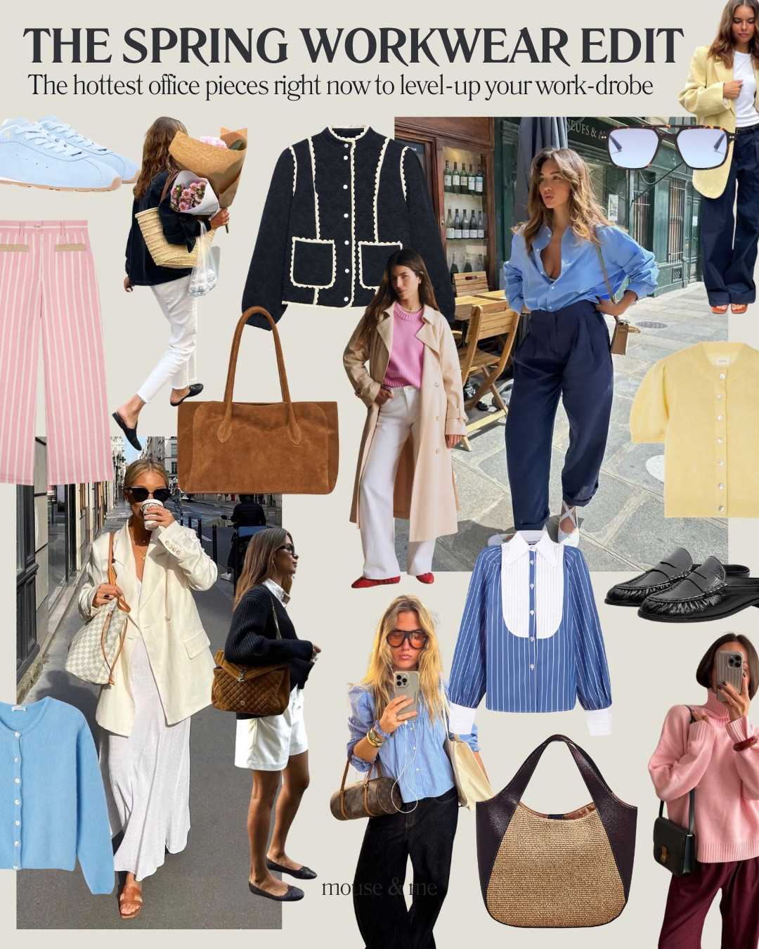 18 pieces to elevate your spring work-drobe 👜🌷

Okay, so for your base we recommend having a few different pairs of trousers to rotate - we’ve gone for classic smart pleated from @noemotionsclothing, a wide-leg white jean from @marksandspencerstyle and a fun pair of pink striped trousers from @mariadelaordenstudio. For shirts and blouses, spring is the perfect time to try something with a bit of a ruffle - we love a simple white blouse that goes with everything & have included a gorgeous pink number from @mariadelaordenstudio and blue striped with a twist from @laganinistudio. 

For jackets, you can’t go wrong with a simple light beige trench - @sezane’s is perfect - and then a quilted number from @mintvelvet. 

For sweaters, opt for cardigans & v-necks. @shopdoen and @americanvintage_officiel have some gorgeous pastel cardis and @hushofficial is fantastic for neutral, hard-working knits. 

A raffia tote bag is a fab option for spring summer, and a suede slouchy tote is great for those days you want to feel a little more elevated. For shoes, loafers mules are everywhere right now & are the perfect work shoe. Then we have included a smart pair of @tommyhilfiger blue trainers and brown suede ballet flats from @arketofficial. Finally, all you need is a pair of @taylormorrisofficial sunglasses and you’re good to go. 

We’ve been thinking of sharing more tips on how to build a chic office wardrobe from scratch - would you be interested? 🫶

& let us know what you’re loving! Xx 🐭

#springfashion #officewear #officeoutfit #workoutfit #chicoutfit

#LTKuk #LTKspring