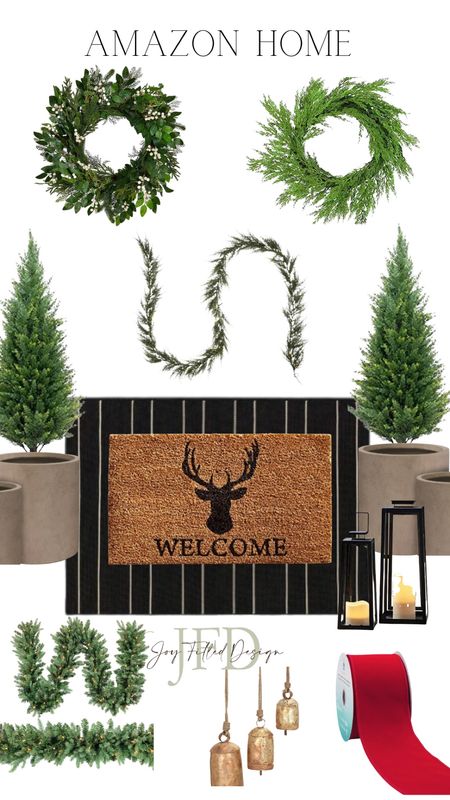 Front porch decor, Christmas porch decor, Christmas swag, Christmas wreaths, outdoor lantern, welcome mat and rug, outdoor rug, front door decor, front porch look, ribbon for wreaths, planters, amazon home, Christmas bells

#LTKhome #LTKSeasonal #LTKHoliday