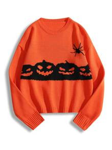 Halloween Pumpkin & Spider Pattern Drop Shoulder Sweater
   SKU: sw2108110260749464      
       ... | SHEIN