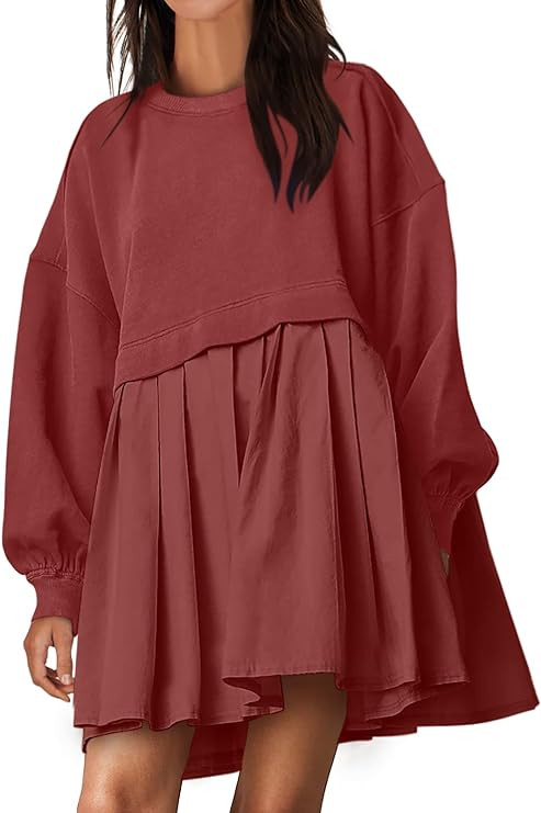 ANRABESS Women Oversized Sweatshirts Hoodie Long Sleeve Crewneck Patchwork Pleated Pullover Mini ... | Amazon (US)