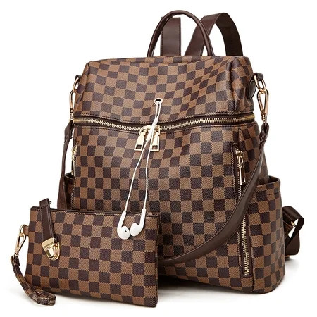 Toamir 2 in 1 Women Checkered Tote Shoulders Bag PU Leather Backpack Anti-Theft Travel Rucksack Scho | Walmart (US)