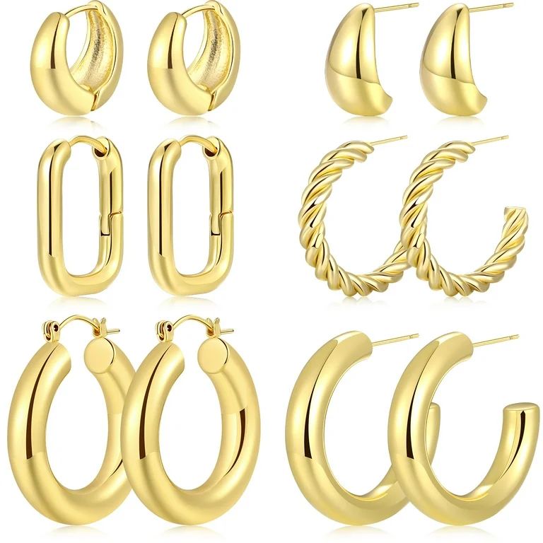 6 Pairs Gold Hoop Earrings for Women Huggie Earring Hypoallergenic Chunky Hoops Earring Round Ear... | Walmart (US)