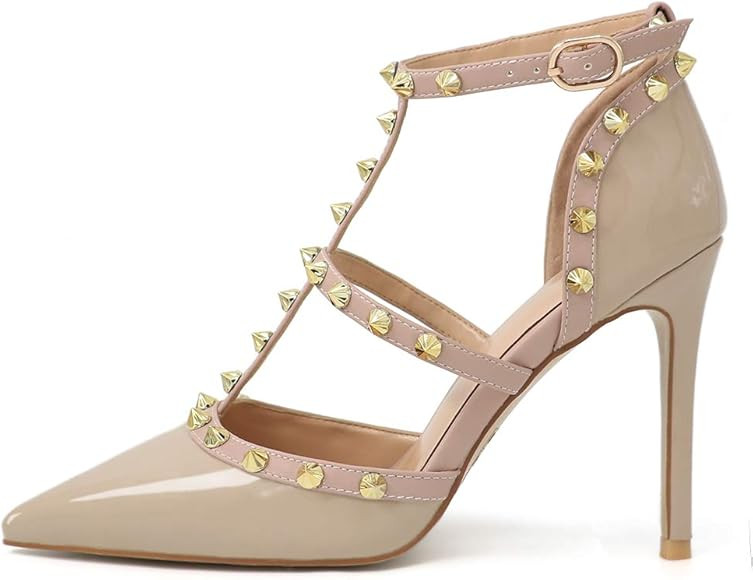 Eithy Women's Studs Strappy High Heeled Sandals Rivets Buckle Pointy Pumps for Evening Party | Amazon (US)