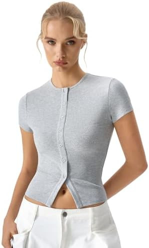 QINSEN Women's Crewneck Short Sleeve T Shirts Ribbed Button Going Out Trendy Tops | Amazon (US)
