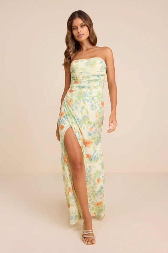 Epitome of Allure Lime Floral Mesh Strapless Ruched Maxi Dress | Lulus