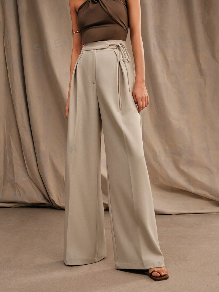 Anewsta Ladies' Solid Color Pleated Pants With Tie Design, Fashionable Women's Trousers | SHEIN