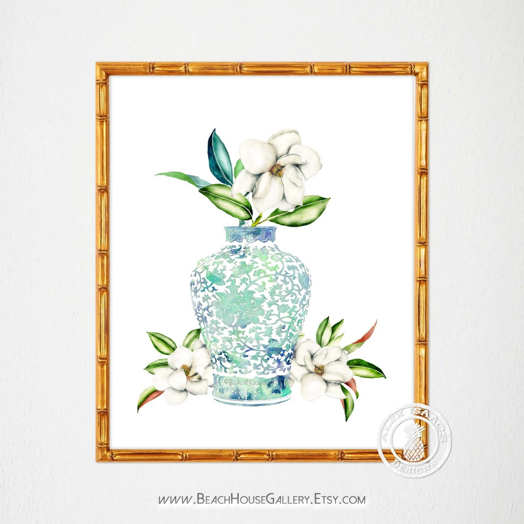Ginger Jar Print with Flowers, Light Turquoise Wall Art, Chinoiserie Chic, Robin's Egg Blue Art, ... | Etsy (US)