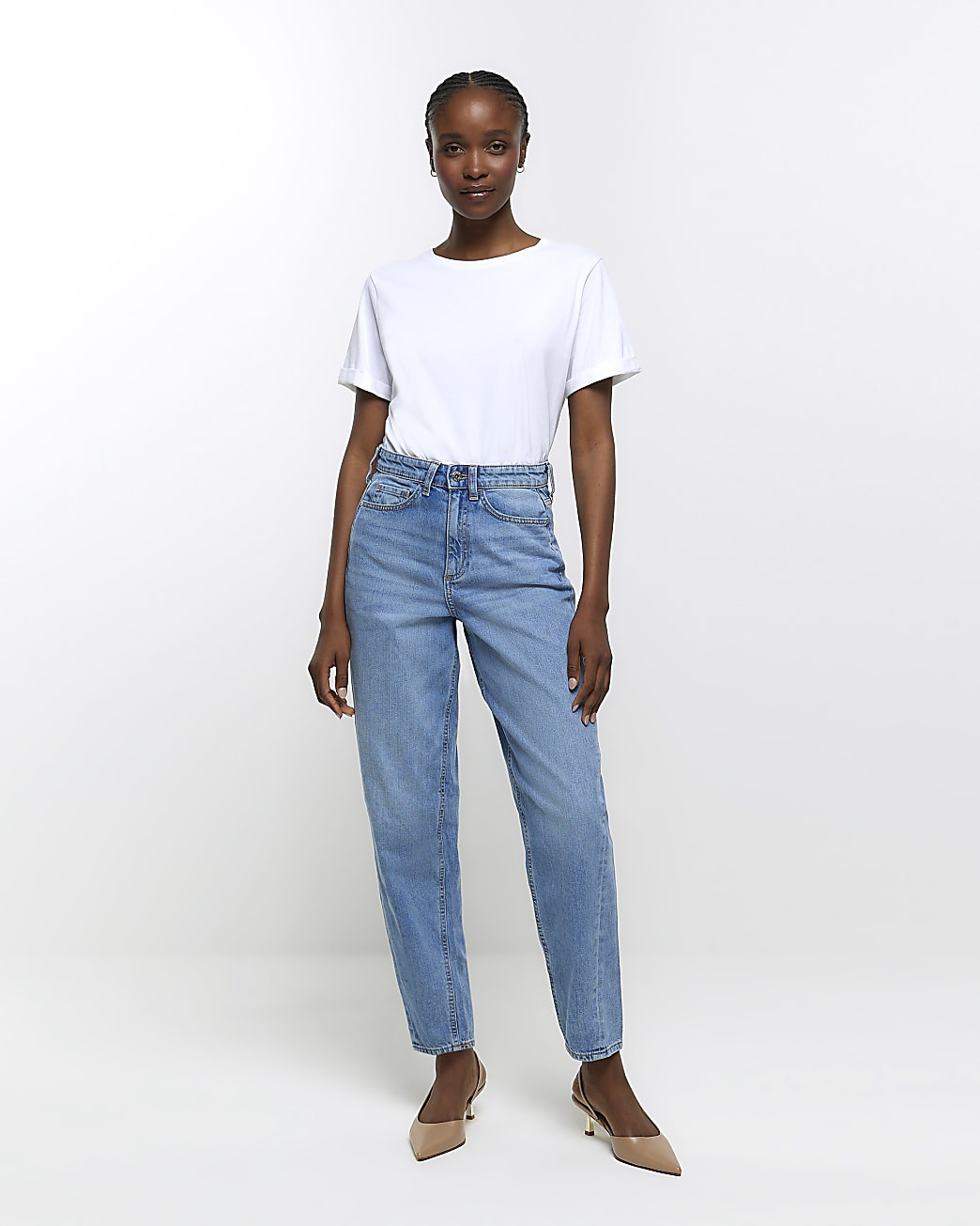 Blue high waisted tapered jeans | River Island (US)