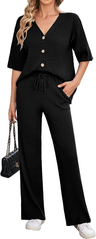 Arach&Cloz Womens 2 Piece Sets Spring Summer Outfits 2024 Short Sleeve Cardigan Sweaters Wide Leg... | Amazon (US)