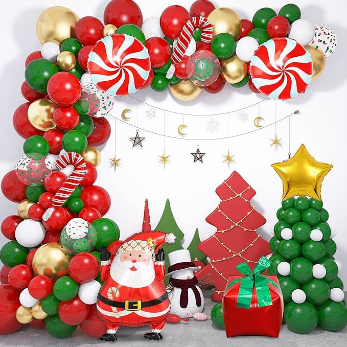 141Pcs Christmas Balloons Arch Garland Kit, Green Red White Gold Confetti Balloons Candy Santa Cl... | Amazon (US)