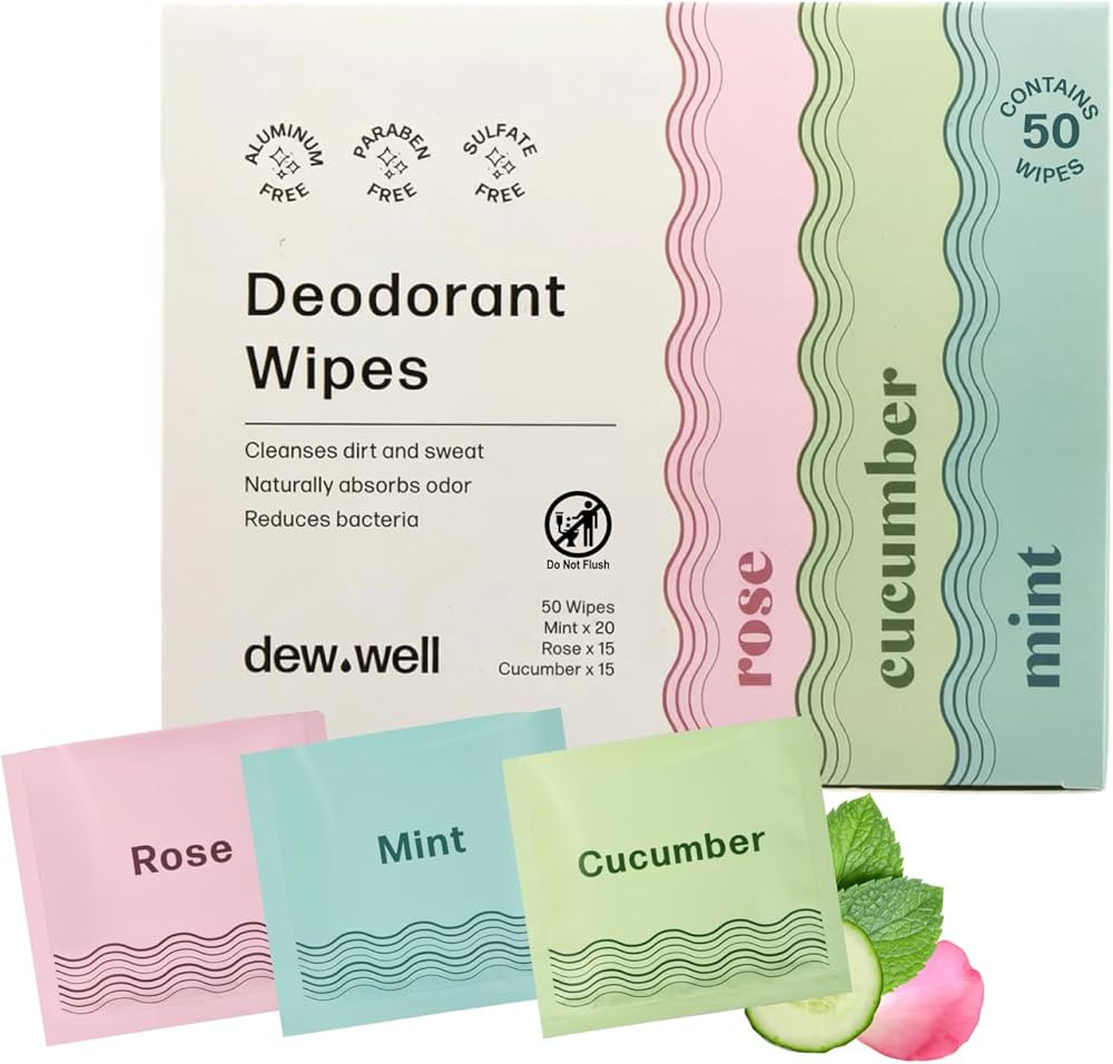 Dew Well Deodorant Wipes - On-the-Go Travel Deodorant - Fresh Mint, Rose & Cucumber Scents Body W... | Amazon (US)