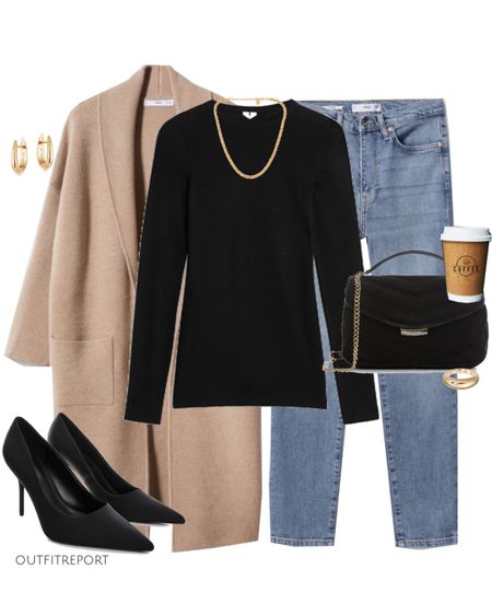 Autumn outfits winter outfits office work in black high heels, black knit long sleeve top, black suede handbag, beige camel cardigan and classic denim jeans in blue. Paired with gold jewellery 

#LTKunder100 #LTKshoecrush #LTKstyletip