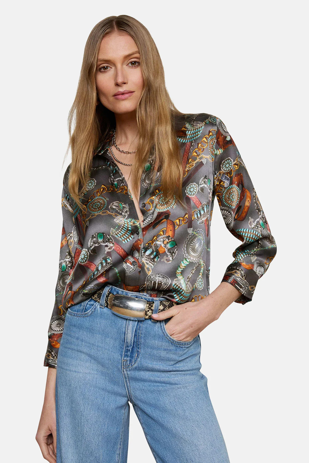 Dani 3/4 Sleeve Silk Blouse Multi Western Belt Print | Blue & Cream