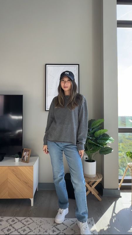 Casual chic outfit idea // yankee hat, gray cashmere sweater, straight leg jeans, white sneakers // everyday style, parisian chic, French girl stylee

#LTKstyletip #LTKfindsunder50 #LTKfindsunder100