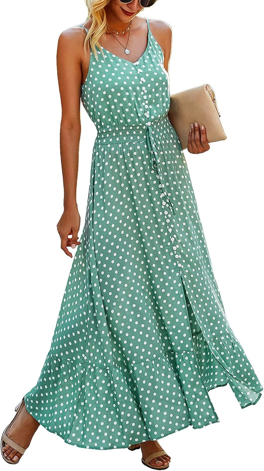 BTFBM Women 2023 Summer Spaghetti Strap V Neck Dress Polka Dot Floral Button Down Slit Sleeveless... | Amazon (US)