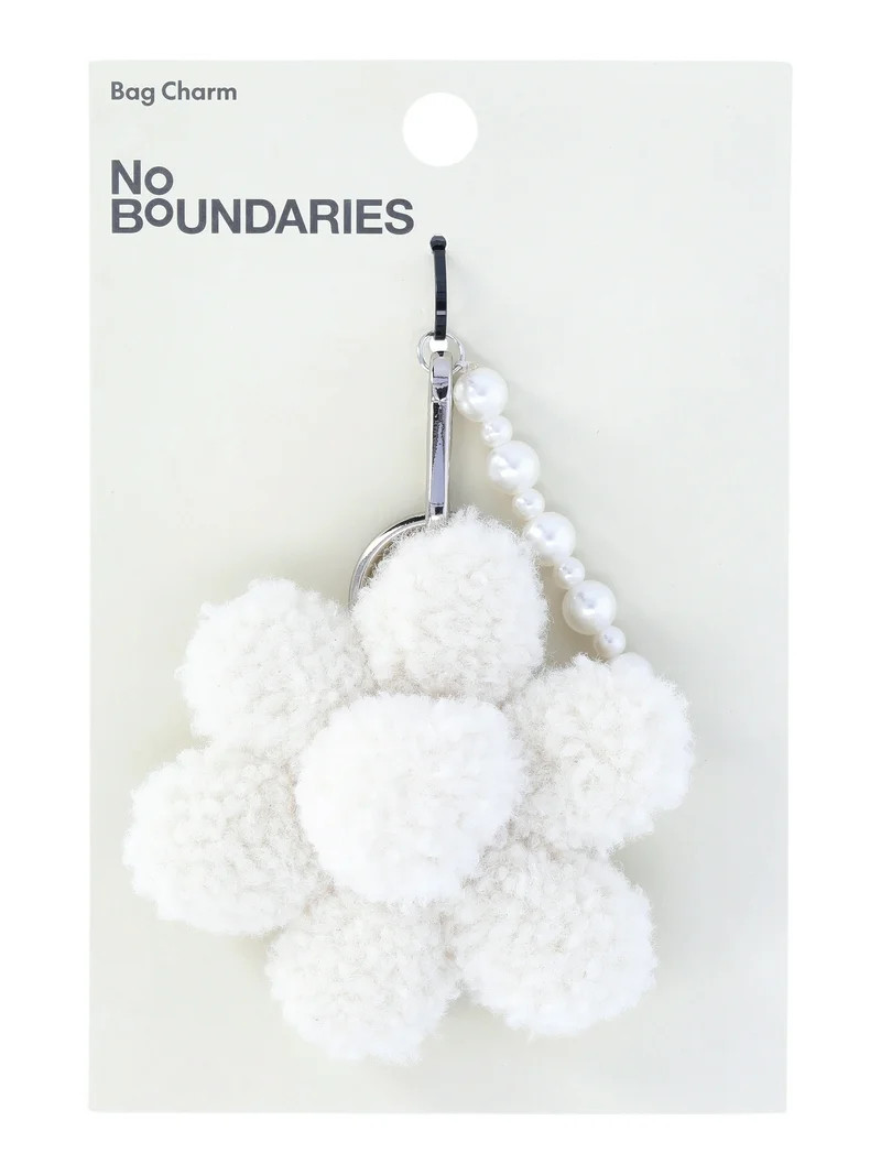 No Boundaries Women's Handbag Charm, Tan Faux Shearling Puffer Flower with Faux Pearls | Walmart (US)