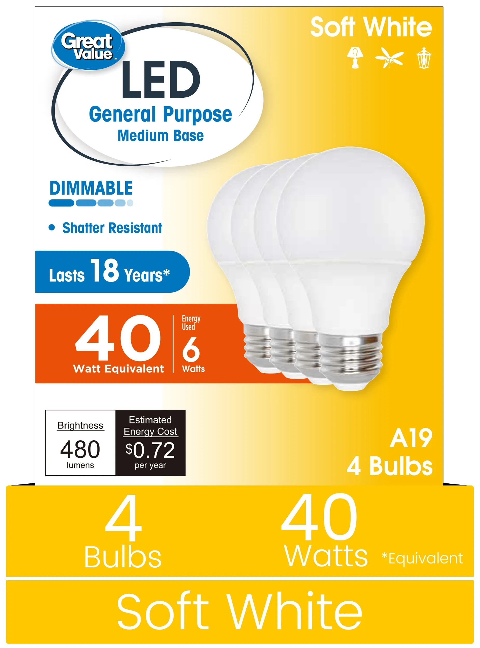 Great Value A19 LED 6W (40W Equivalent) Soft White E26 Medium Base General Purpose Light Bulbs, D... | Walmart (US)