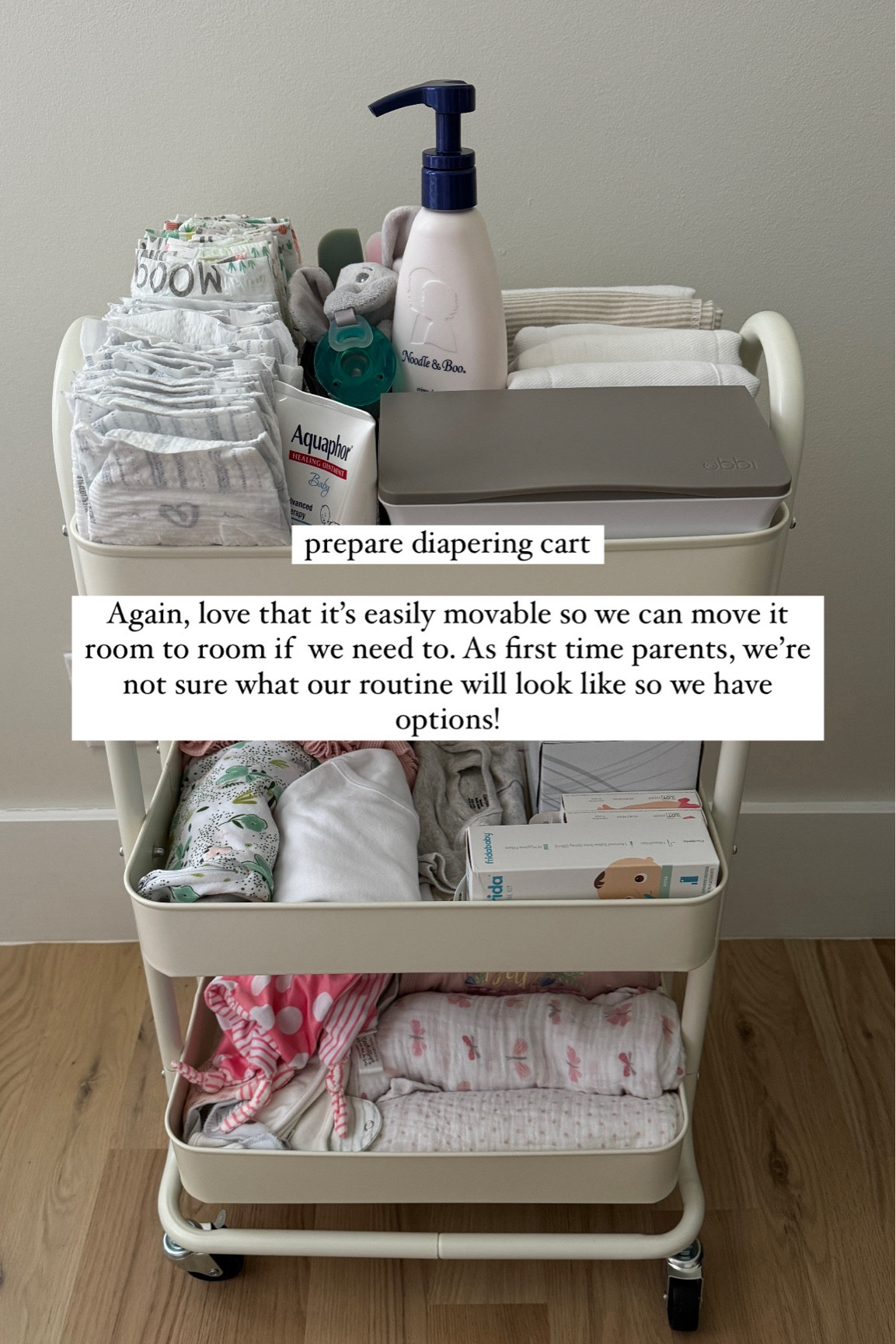 Preparing your diaper cart

Again, love that it's easily movable so we can move it room to room if we need to. As first time parents, we're not sure what our routine will look like so we have options!

First time mom, infant prep, things to do before bringing baby home 

#LTKBaby