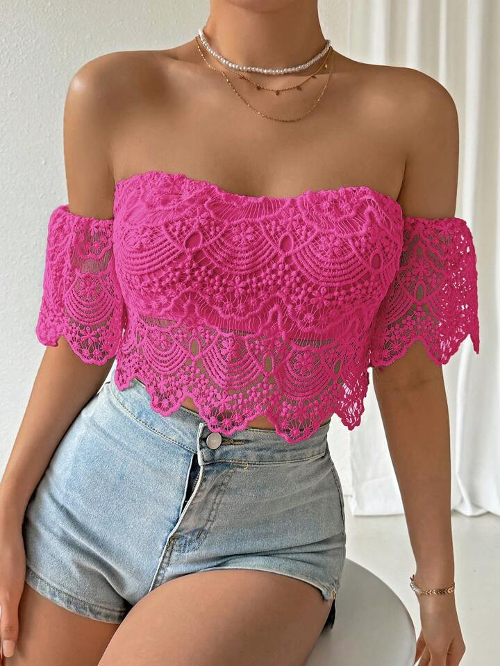 SHEIN Privé Women's Fashionable Lace Hem Strapless Crop Top For Summer | SHEIN