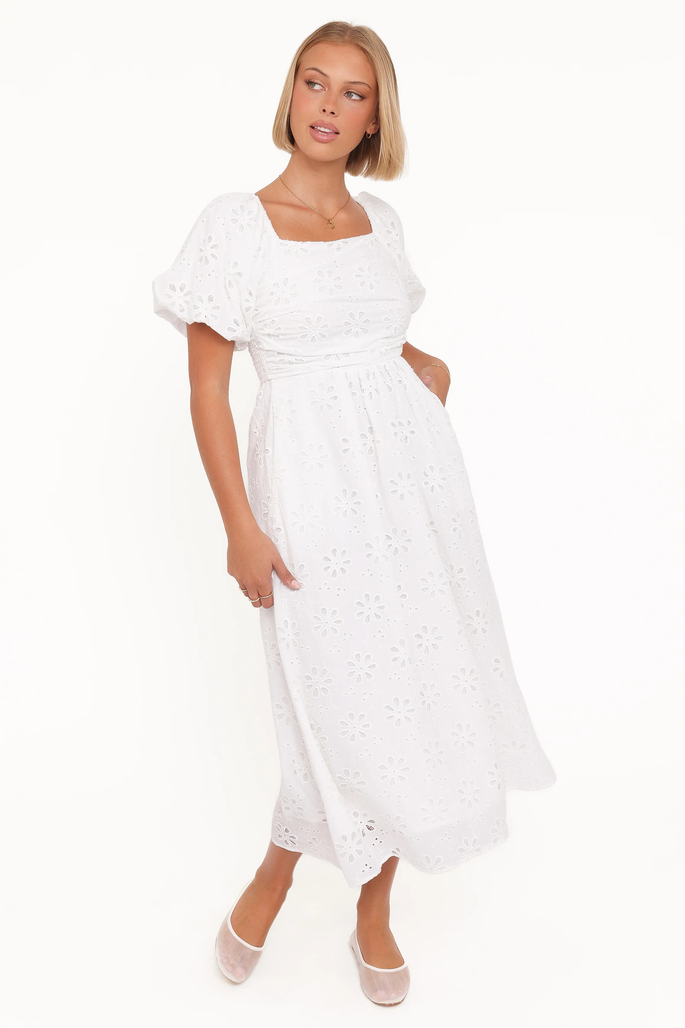 Clo Puff Sleeve Midi Dress - White Broderie | Petal & Pup (US)