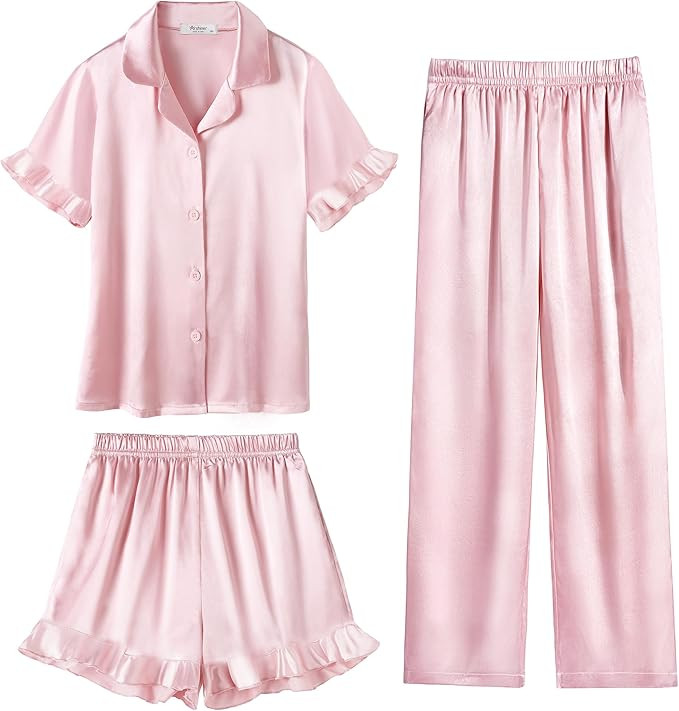 Arshiner Girls Pajamas Sets 3 Piece Silk Pjs Short Sleeve Sleepwear Satin Ruffle Nightwear | Amazon (US)