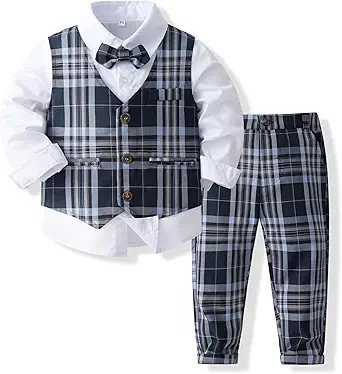 Kimocat Boys 3Pcs Clothing Sets Elegant Long Sleeve Shirts + Vest with Flower+Pants Party Suit   ... | Amazon (US)