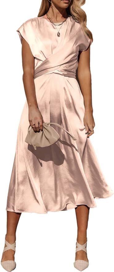 PRETTYGARDEN Women's 2023 Summer Satin Midi Dress Cap Sleeve Tie Waist Elegant A-Line Flowy Dress... | Amazon (US)