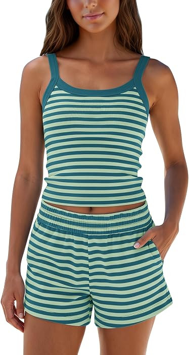 Meladyan Women's Striped 2 Piece Lounge Sets Scoop Neck Cami Top Matching Set Shorts with Pockets... | Amazon (US)