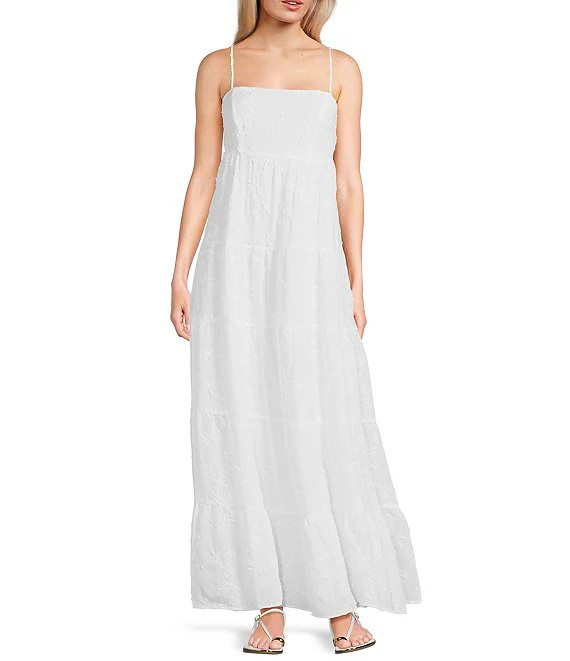 Embroidered Spaghetti Strap Square Neck Bow Back Tiered Dress | Dillard's