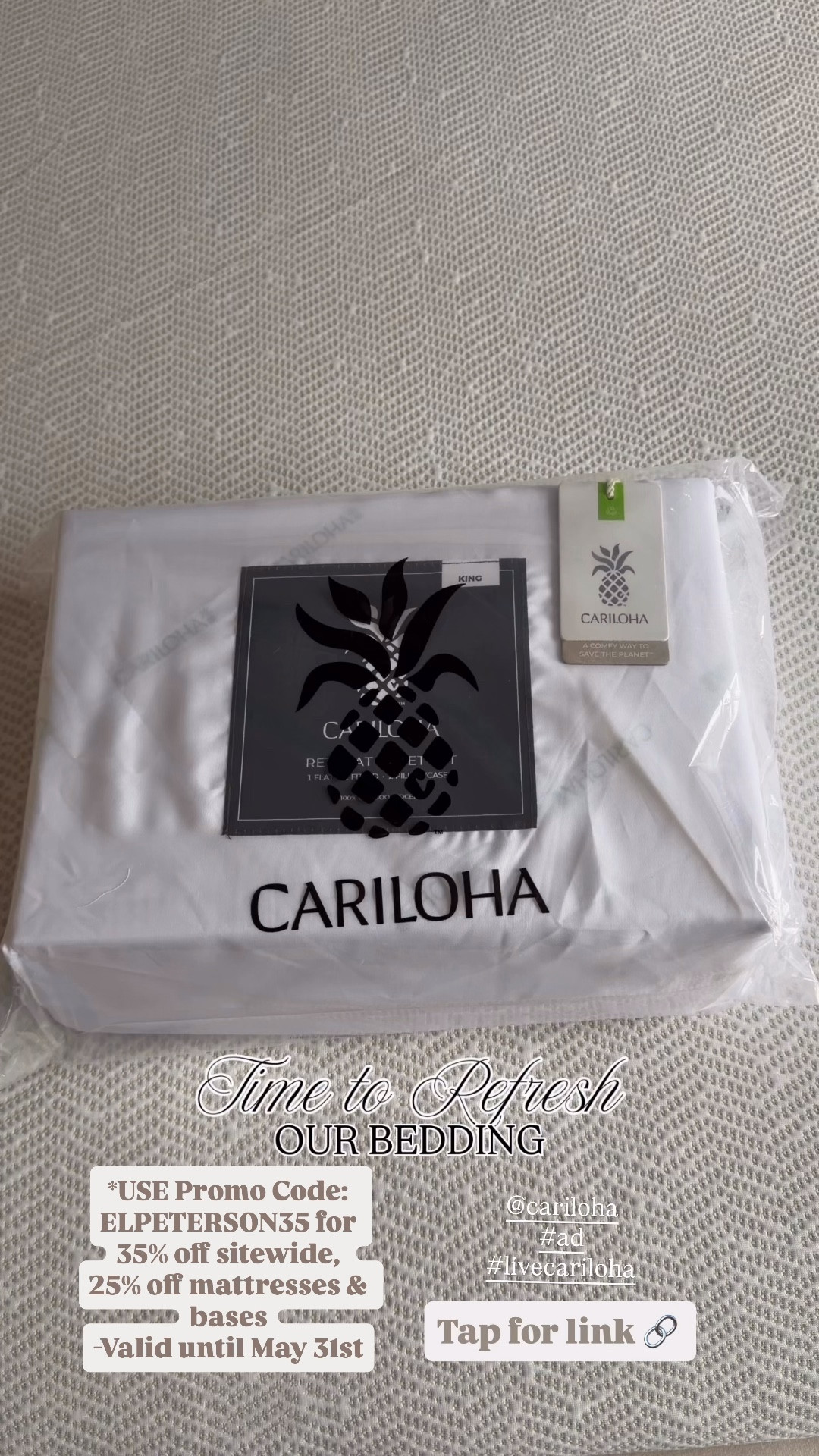 Bedding Refresh for the Season! 
USE Promo Code: ELPETERSON35
-35% off sitewide, 25% off mattresses & bases
-Valid until May 31st

@cariloha 
#ad 
#livecariloha 