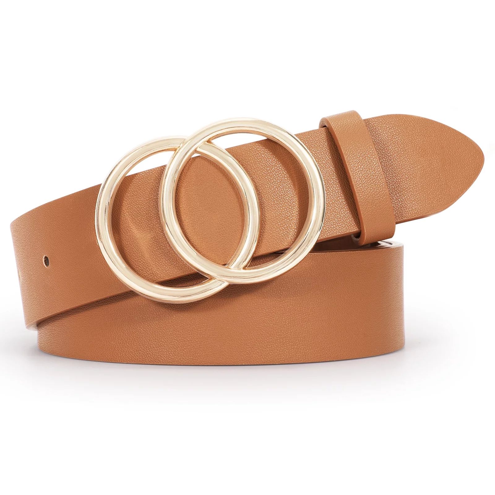 WHIPPY Women Leather Belt with Double Ring Buckle, Brown Waist Belt for Jeans Dress | Walmart (US)