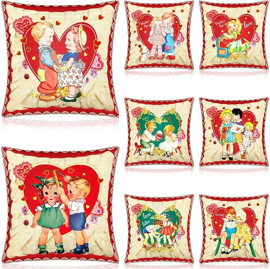 Frienda 8 Pcs Vintage Retro Valentine's Day Throw Pillow Covers Rustic Valentines Pillow Cases Ro... | Amazon (US)