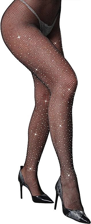 CHRLEISURE Women's Sparkle Rhinestone Fishnets Sexy Tights High Waist Stockings | Amazon (US)