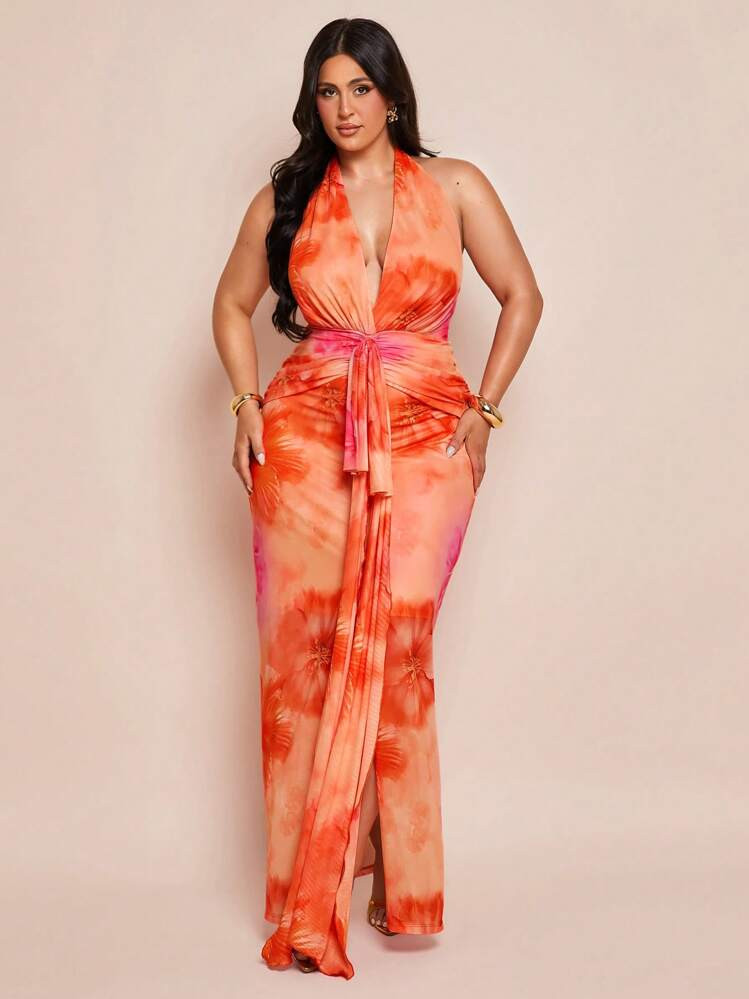 SHEIN BAE Plus Size Women Elegant Long V-Neck Knit Dress, 4th Of July Curve,Wedding Guest Dress Women,Back To School Girls Clothes,Girls Summer Outfits,Fall Clothes,School Clothes,Halloween,Winter,Y2k Clothes ,Vintage,Vacation Outfits Woman,Floral Dress | SHEIN