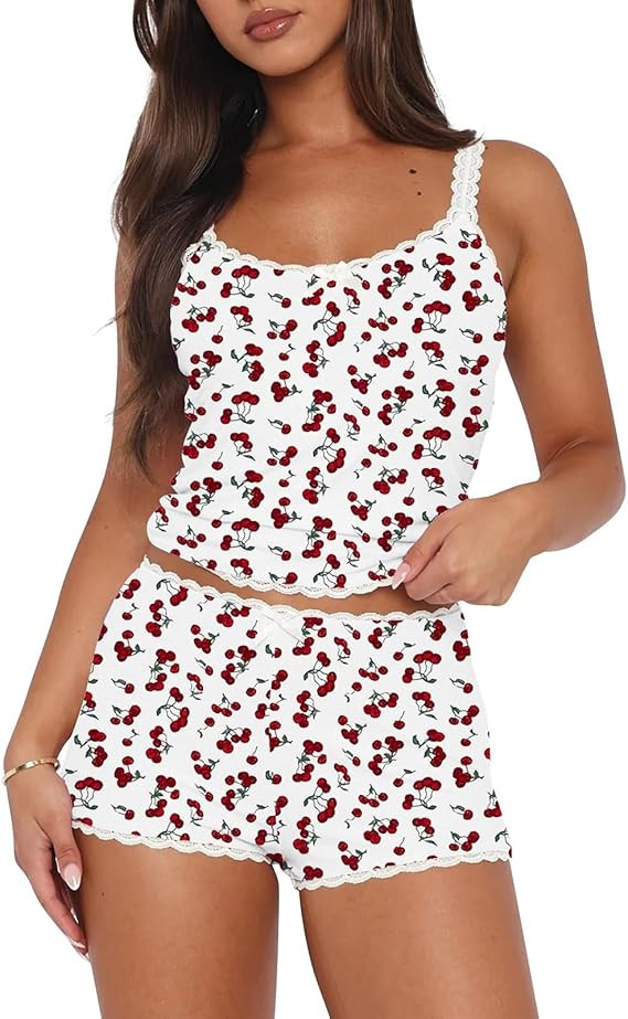 Argeousgor Women Heart Print Pajama Set Y2k 2 Piece Lace Shorts Set Sleeveless Cami Top with Shor... | Amazon (US)