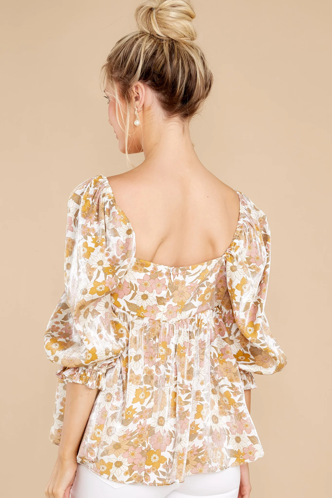 Sunny Blooms White And Gold Floral Print Top | Red Dress 