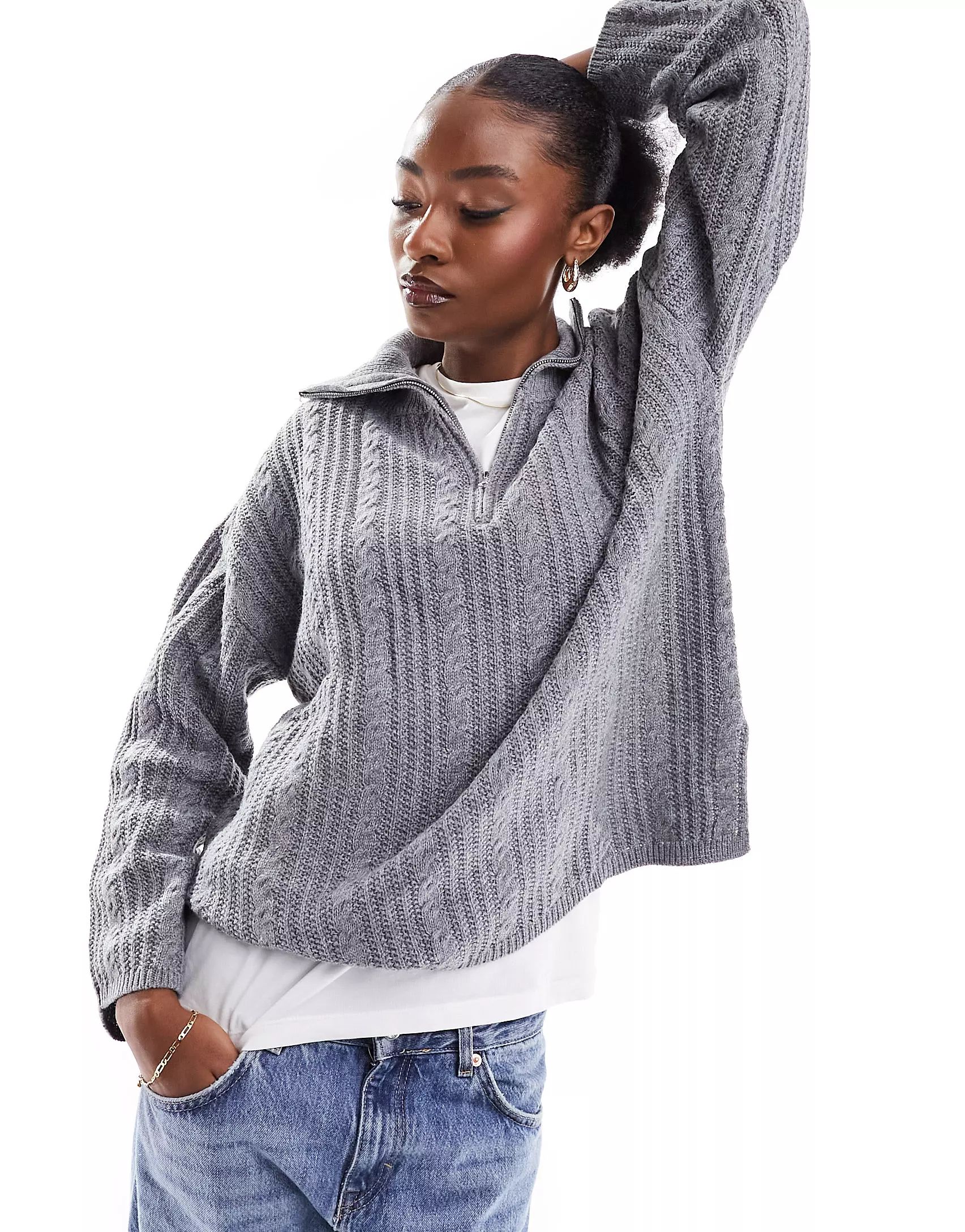 Vero Moda zip neck cable knit jumper in grey | ASOS (Global)