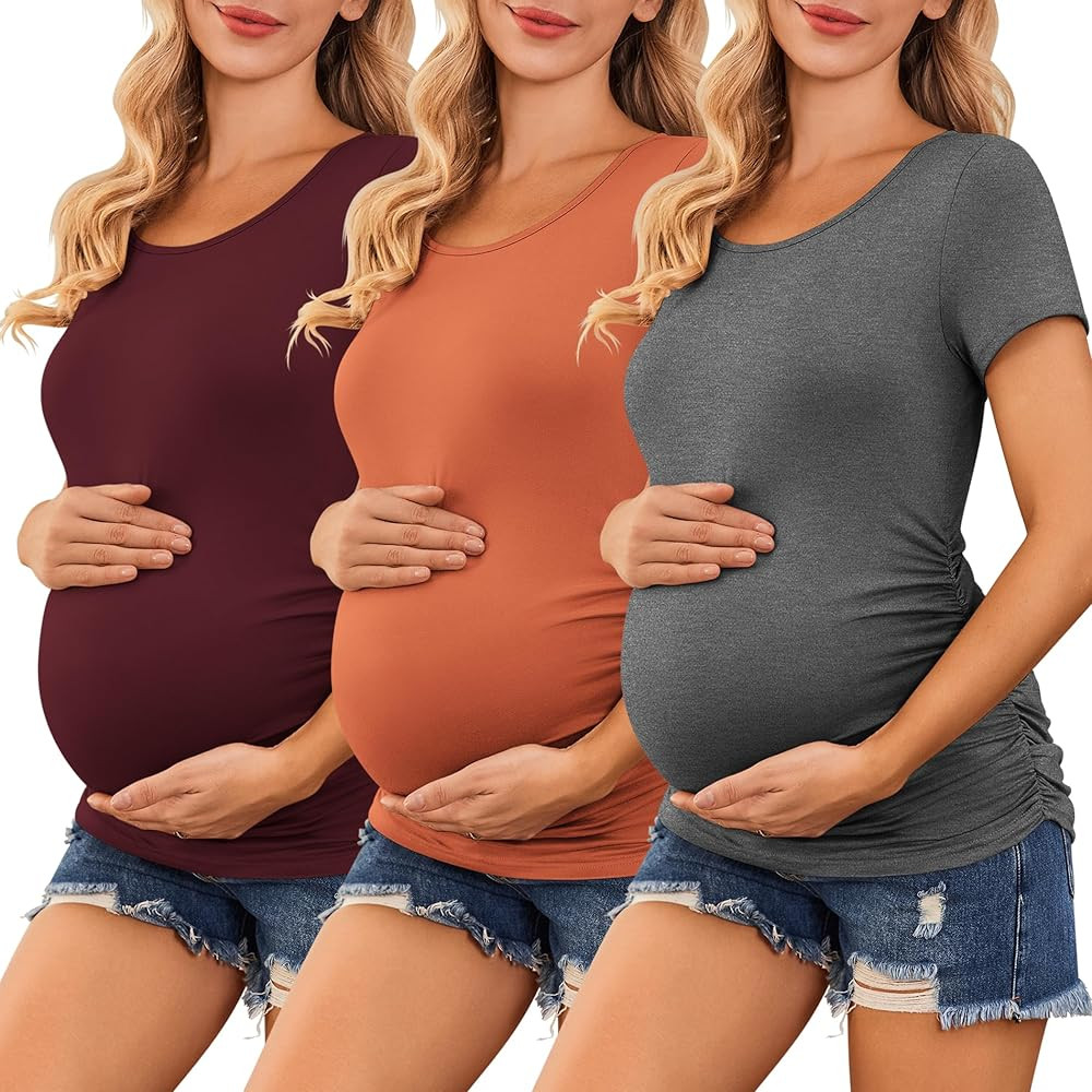 Ekouaer Womens Maternity Shirts 3 Packs Side Ruched Pregnancy Tee Top Tunic Blouse Casual Mama Cl... | Amazon (US)