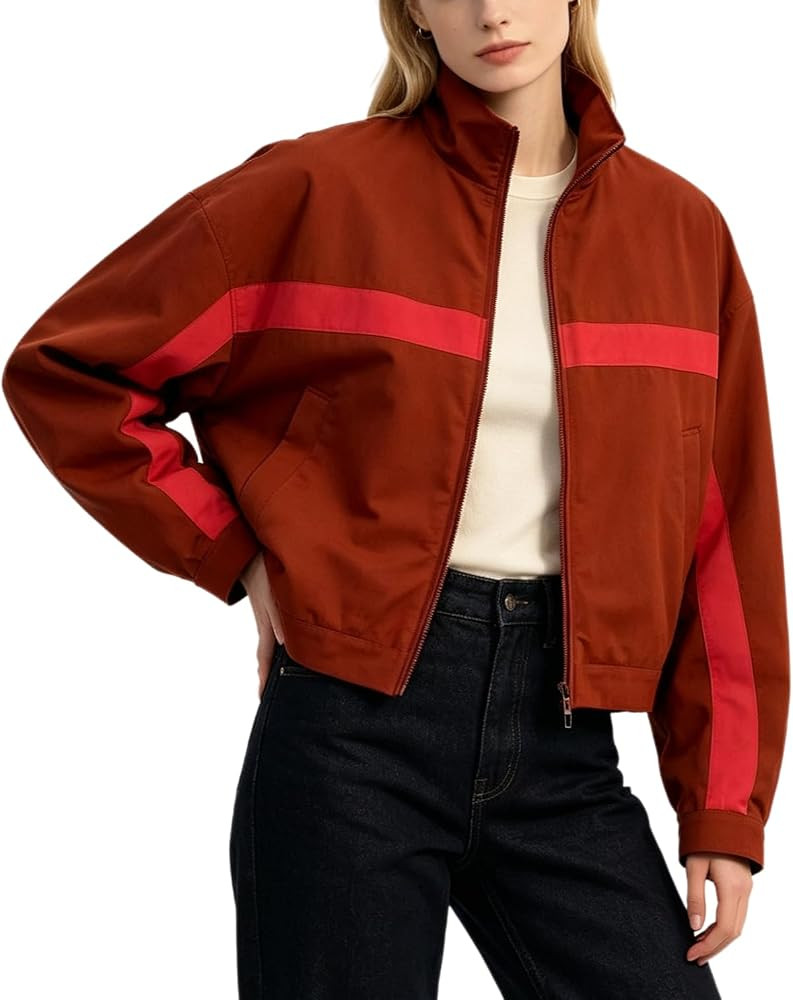 Women's Jackets Long Sleeve Zip Up Color Block Loose Fit Collared Jackets Casual Outfit | Amazon (US)