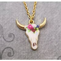 Bull Skull Necklace Steer Jewelry Longhorn Boho Charm Western Flower Pendant | Etsy (US)