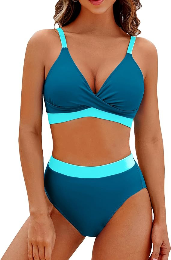 BMJL Women's High Waisted Bikini Sets V Neck Two Piece Swimsuit Color Block Twist Front Bathing S... | Amazon (US)
