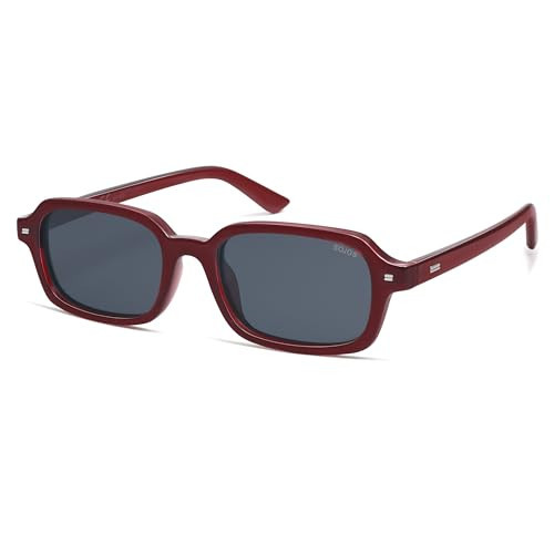 SOJOS Trendy Rectangle Polarized Sunglasses for Women Men, Retro Small Thin Slim Narrow Square Sunnies SJ2610, Dark Red/Grey | Amazon (US)