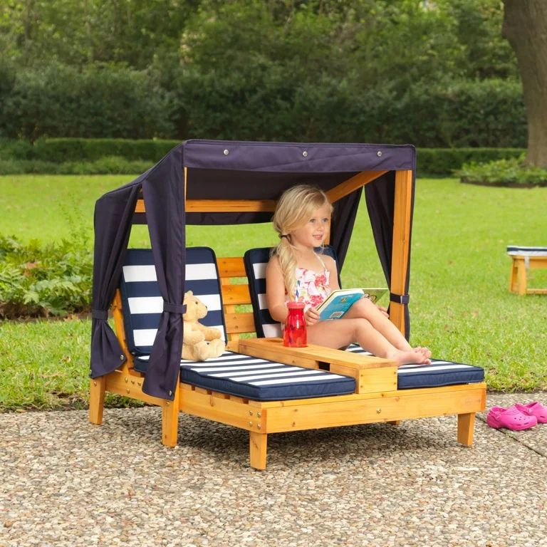 KidKraft Wooden Outdoor Double Chaise with Cup Holders, Kid's Furniture, Honey & Navy | Walmart (US)