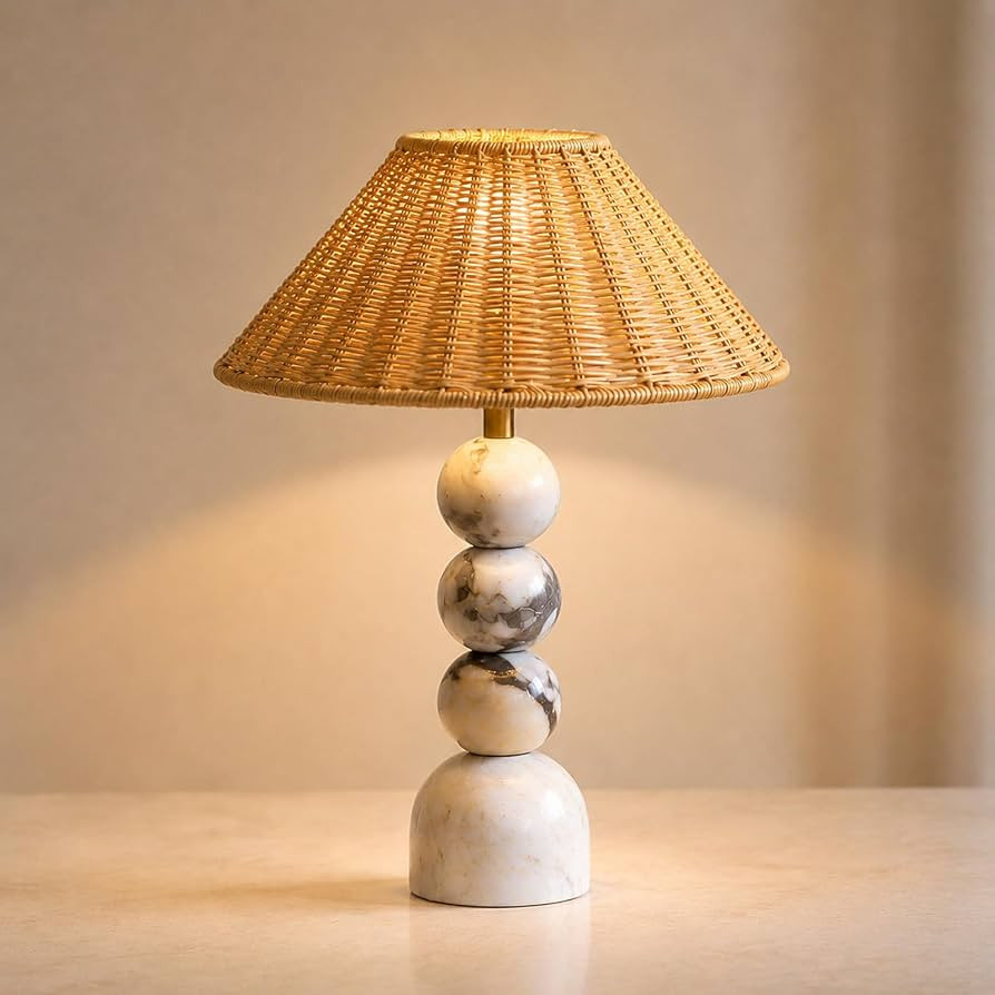 MIXL-Rattan Shade Marble Table Lamp,Wicker Lamps with Calacatta Marble Base,Stone Lamp for Kitche... | Amazon (US)